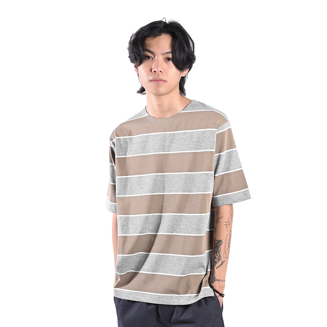 FOLX Brown-Grey Wide Stripes T-Shirt