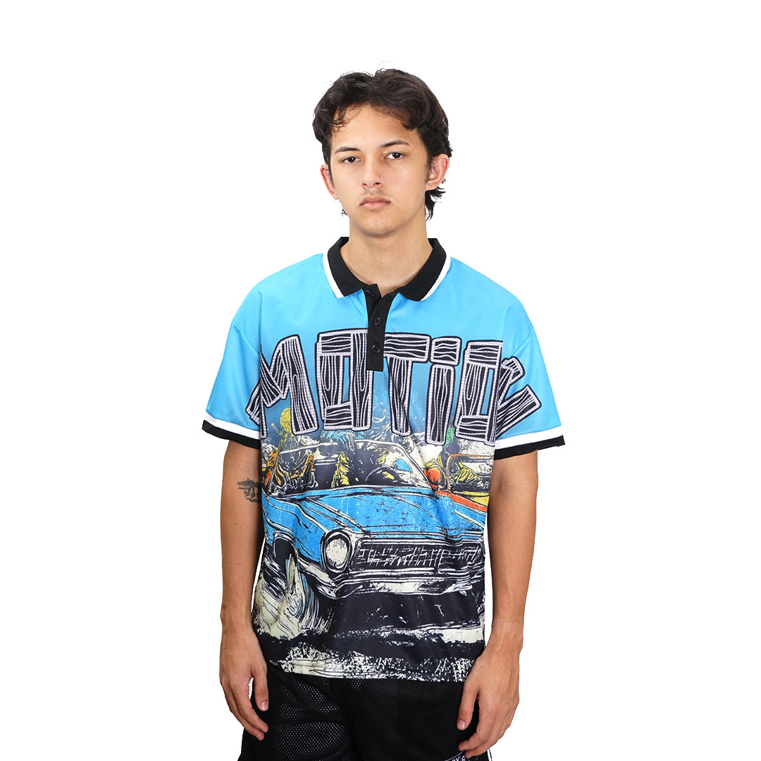 Mixed Emotion Blue Road Rage Button Up Jersey Polo Shirt