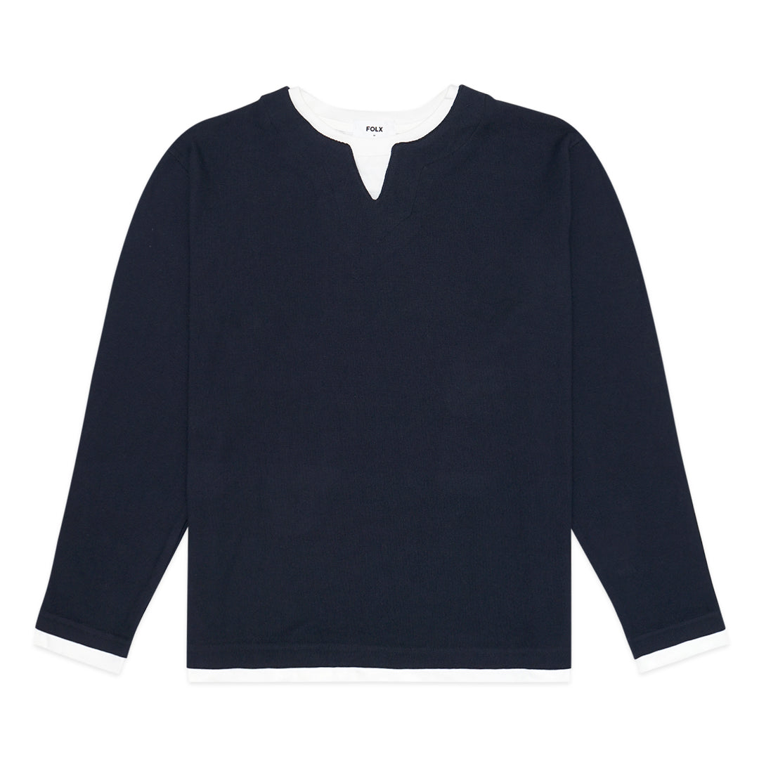 FOLX U Collar Horizontal Texture Long Sleeve T-Shirt