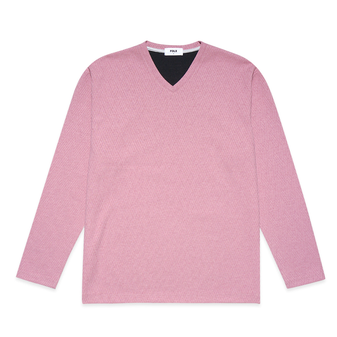FOLX V-Neck Geometric Texture Long Sleeve T-Shirt