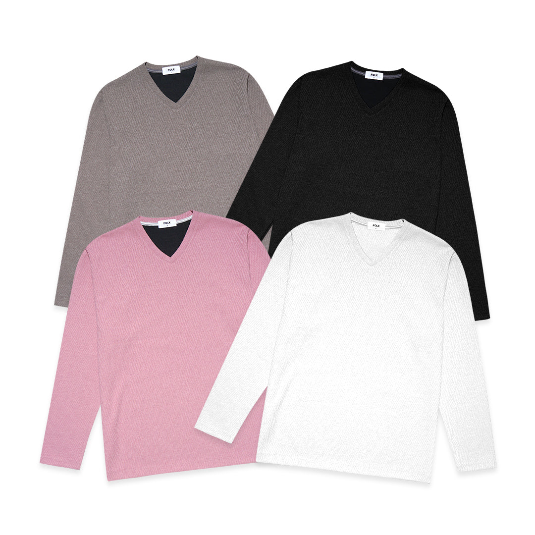 FOLX V-Neck Geometric Texture Long Sleeve T-Shirt