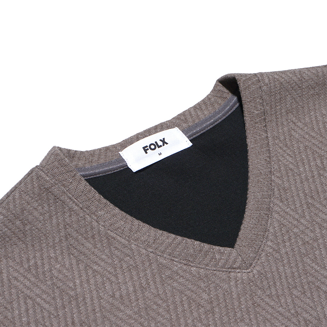 FOLX V-Neck Geometric Texture Long Sleeve T-Shirt