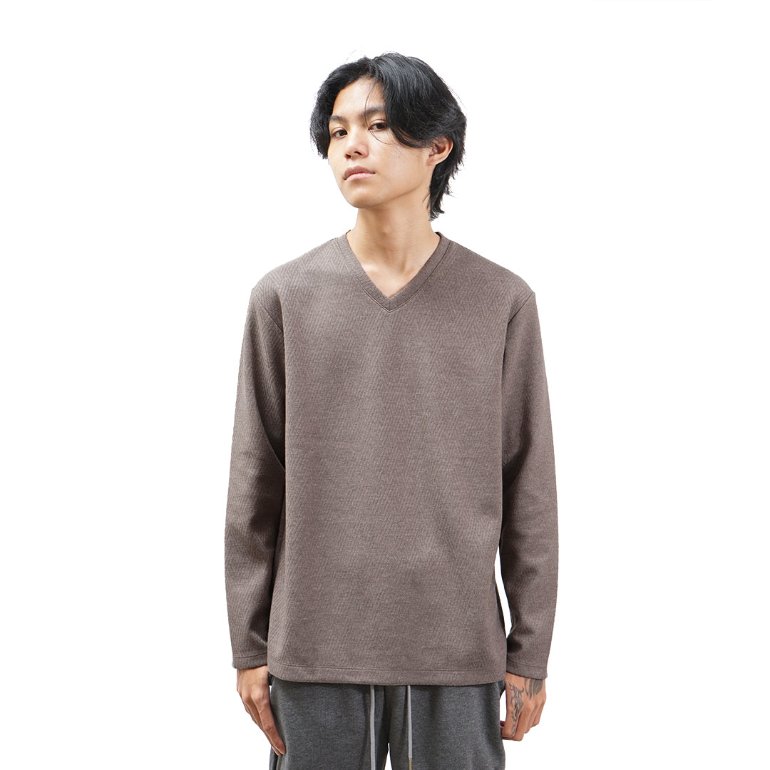 FOLX V-Neck Geometric Texture Long Sleeve T-Shirt