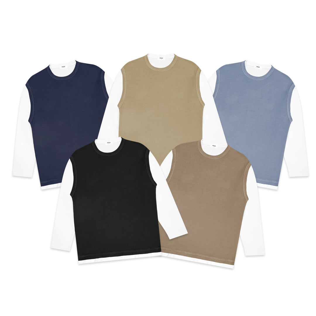 FOLX Faux Layered White Sleeve Long Sleeve T-Shirt