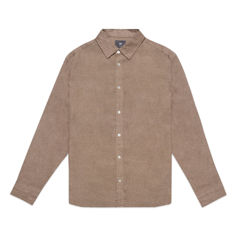 H&M Slim Fit Linen Long Sleeve Shirt Brown