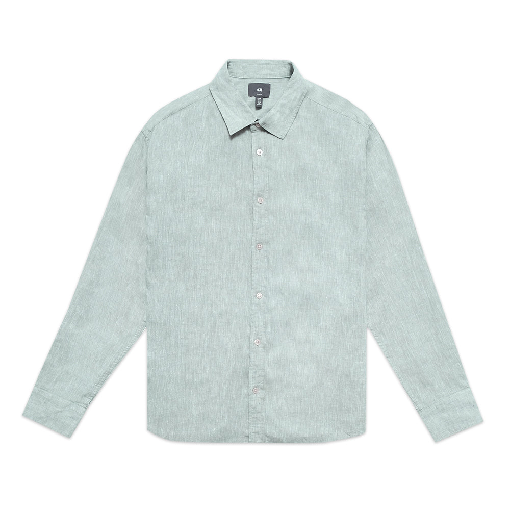 H&M Slim Fit Linen Long Sleeve Shirt Green