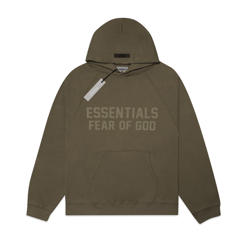 FOG Essentials Center Solid Velvet Text Hoodie Olive