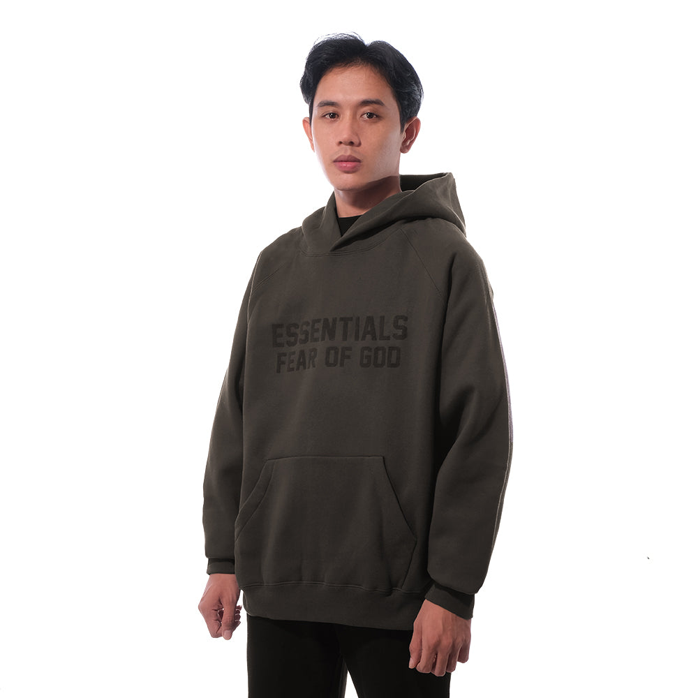 FOG Essentials Center Solid Velvet Text Hoodie Olive