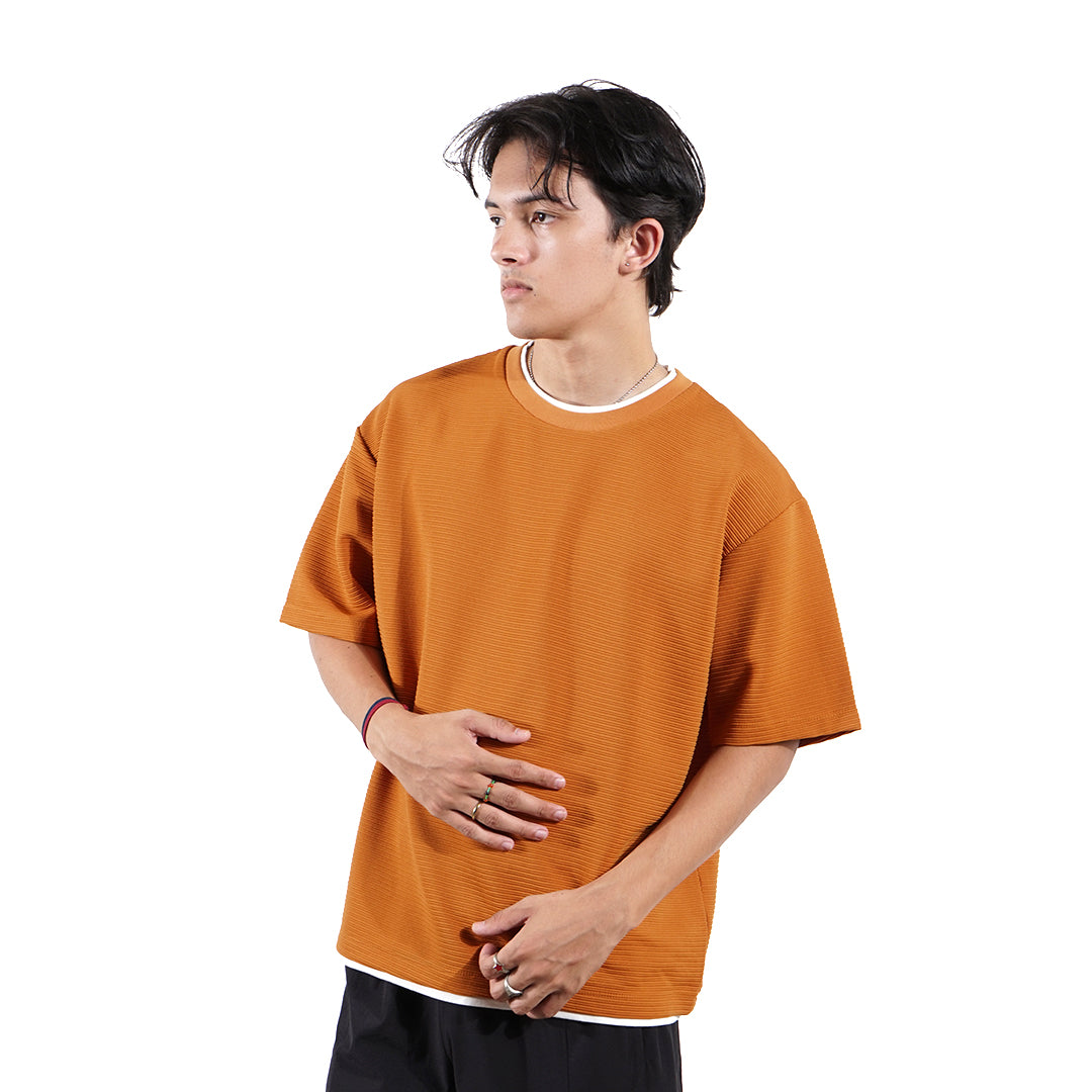FOLX Round Collar Horizontal Texture T-Shirt