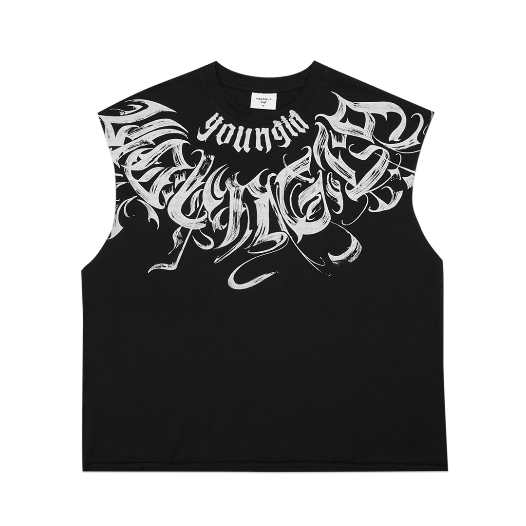 YOUNGLA Scripted Cut-Off Sleeveless T-Shirt