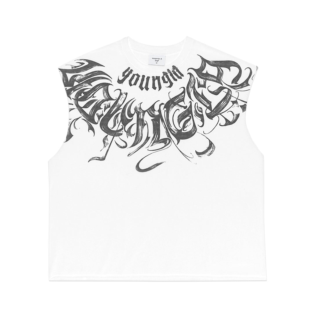 YOUNGLA Scripted Cut-Off Sleeveless T-Shirt