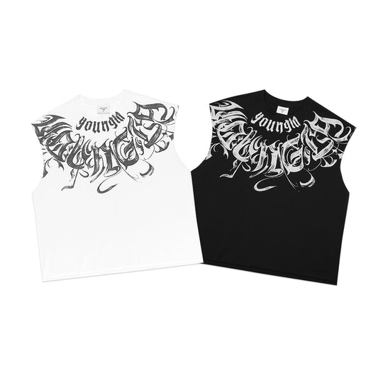 YOUNGLA Scripted Cut-Off Sleeveless T-Shirt