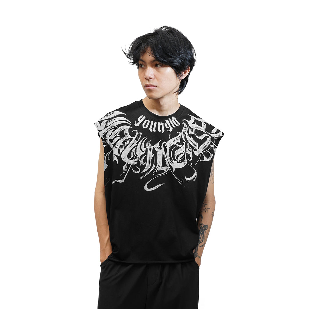 YOUNGLA Scripted Cut-Off Sleeveless T-Shirt