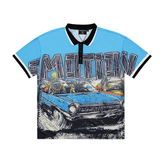 Mixed Emotion Blue Road Rage Button Up Jersey Polo Shirt