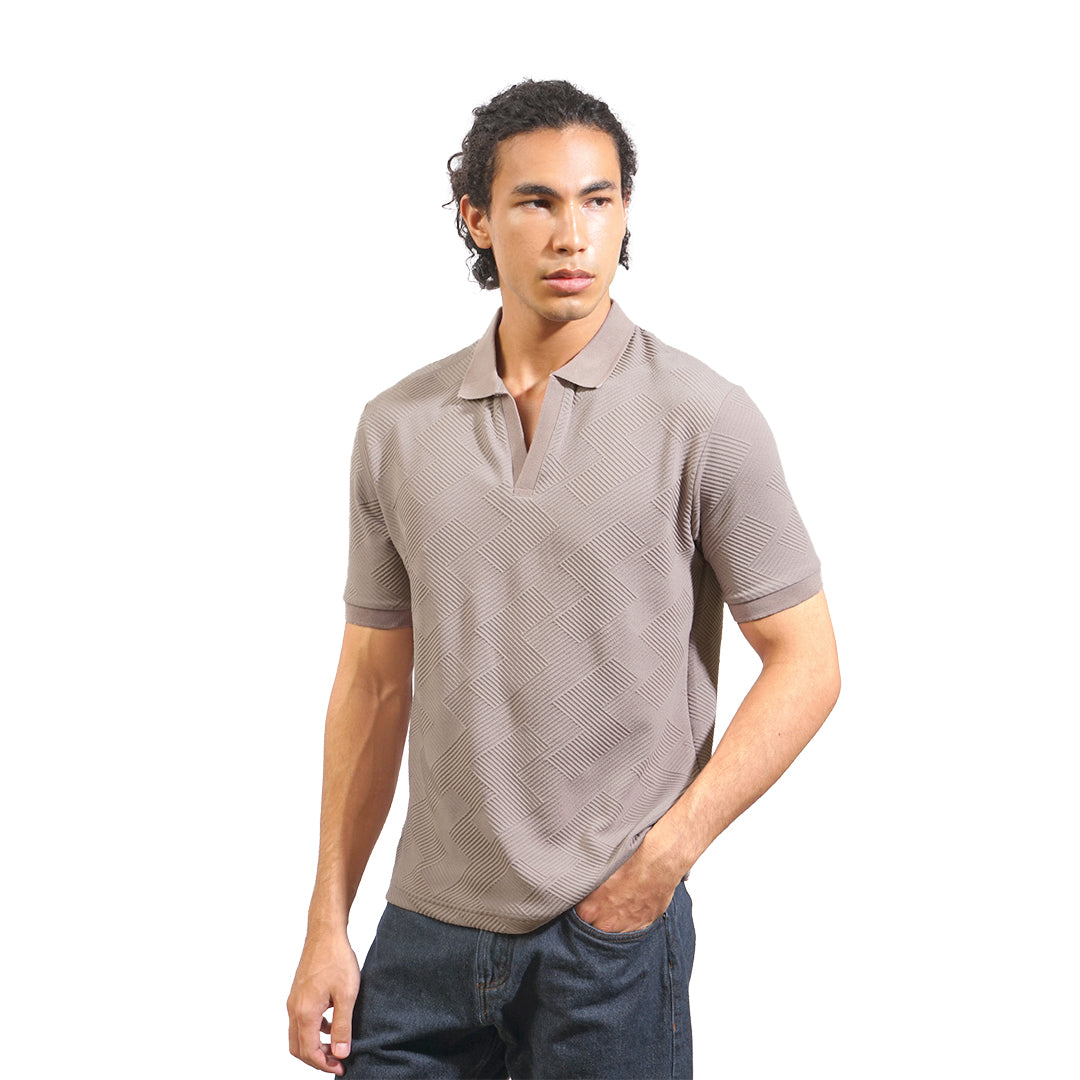 FOLX Linear Textured Open Collar Polo Shirt