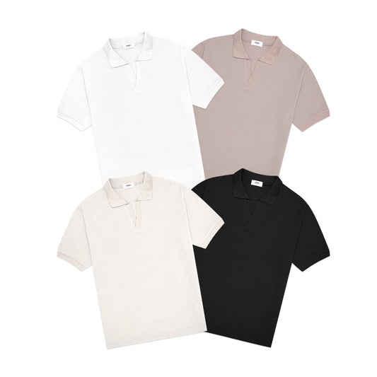 FOLX Linear Textured Open Collar Polo Shirt