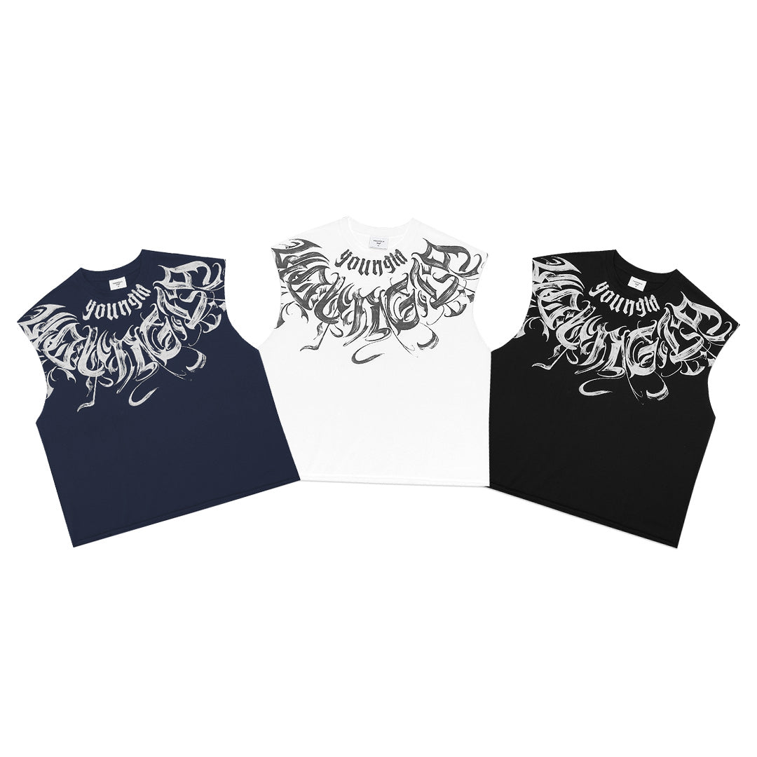YOUNGLA Scripted Cut-Off Sleeveless T-Shirt