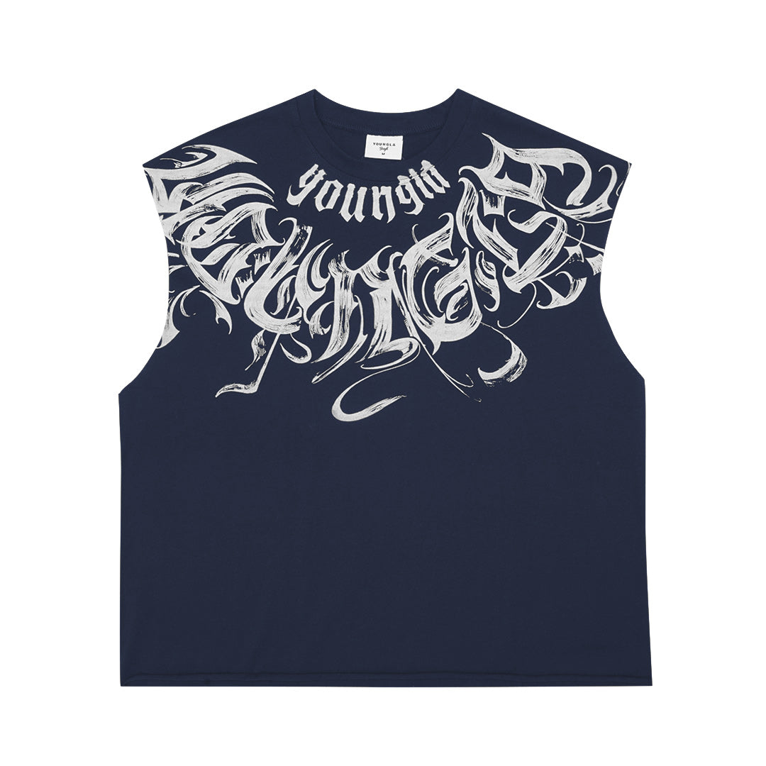YOUNGLA Scripted Cut-Off Sleeveless T-Shirt