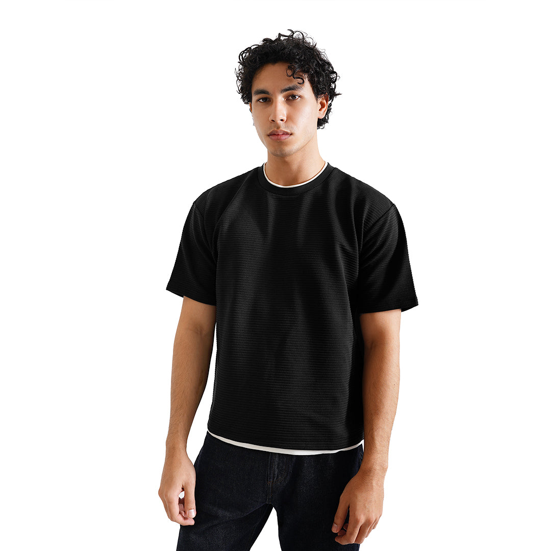 FOLX Round Collar Horizontal Texture T-Shirt