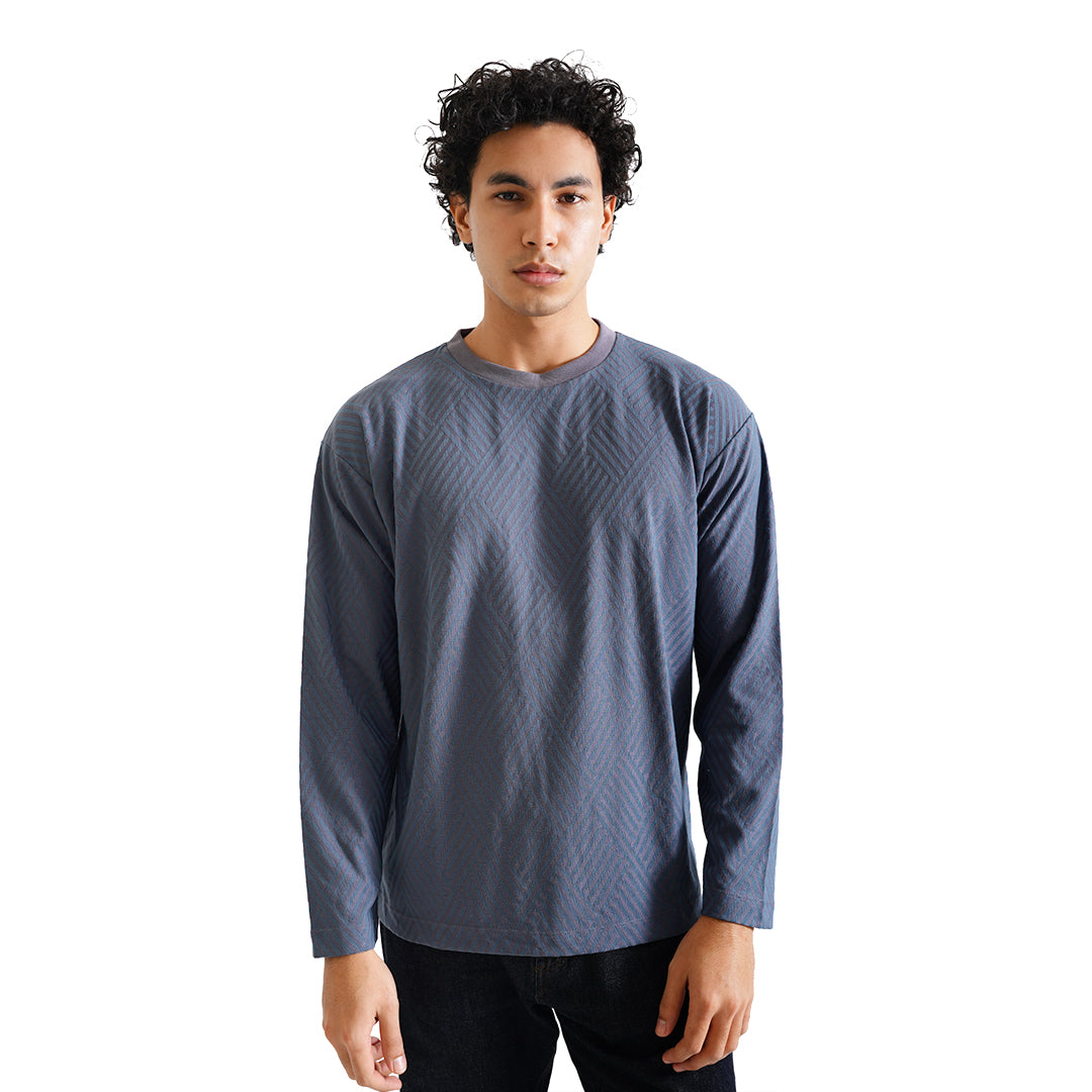 FOLX Jacquard Diamond Slash Textured Long Sleeve T-Shirt