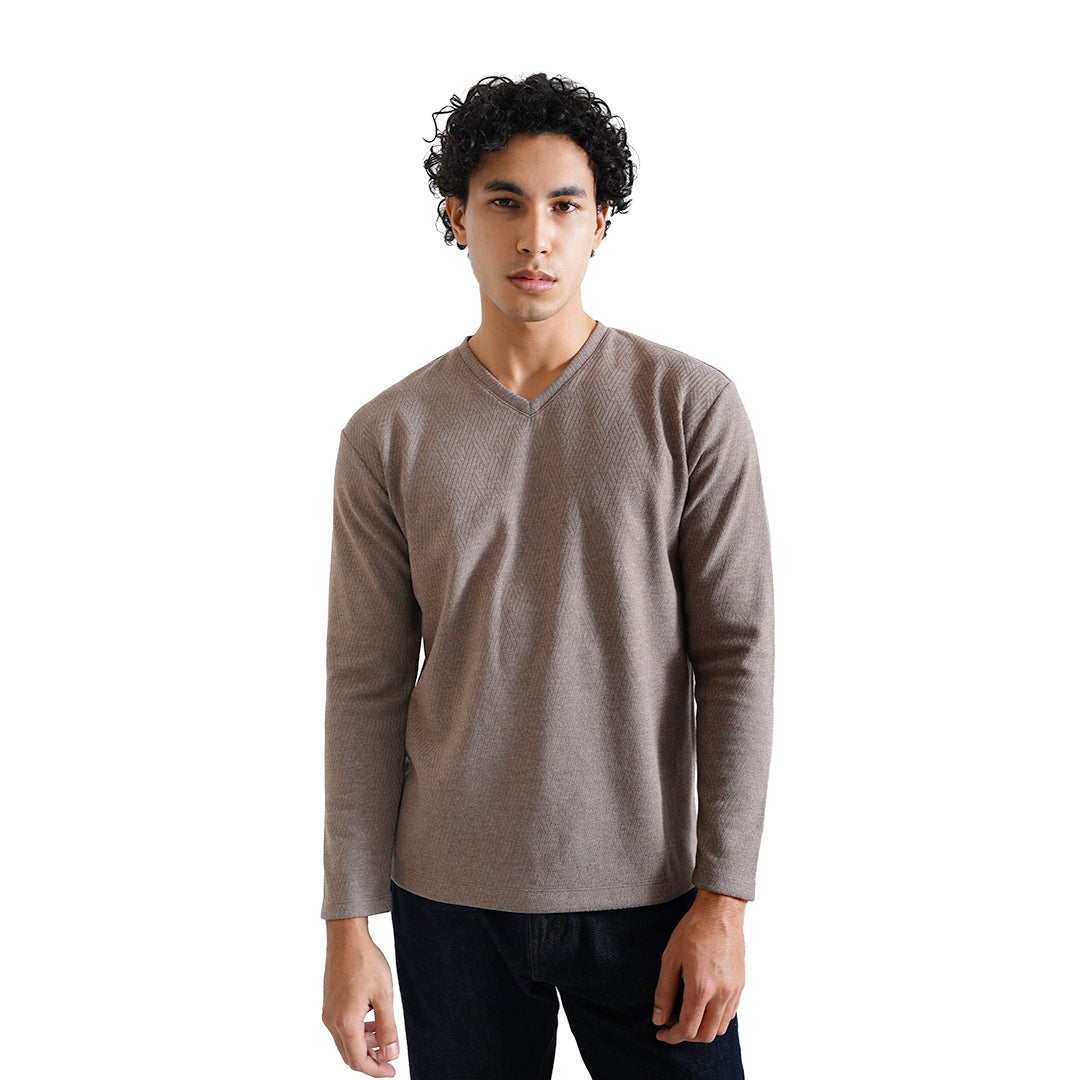 FOLX V-Neck Geometric Texture Long Sleeve T-Shirt