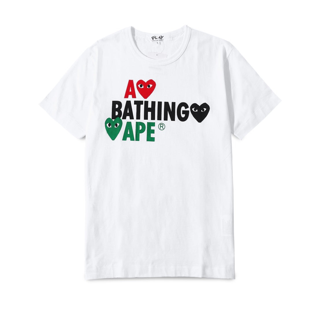 CDG Play X A Bathing Ape Colorful Heart T-Shirt White