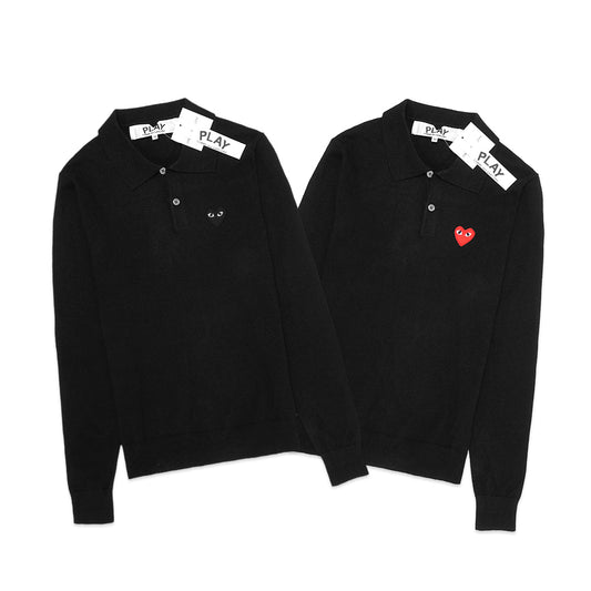 CDG Play Heart Patch Long Sleeve Knit Polo Shirt